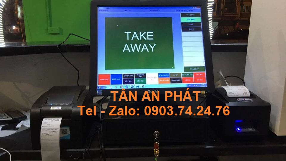 Lap dat may tinh tien cam ung cho quan cafe take away